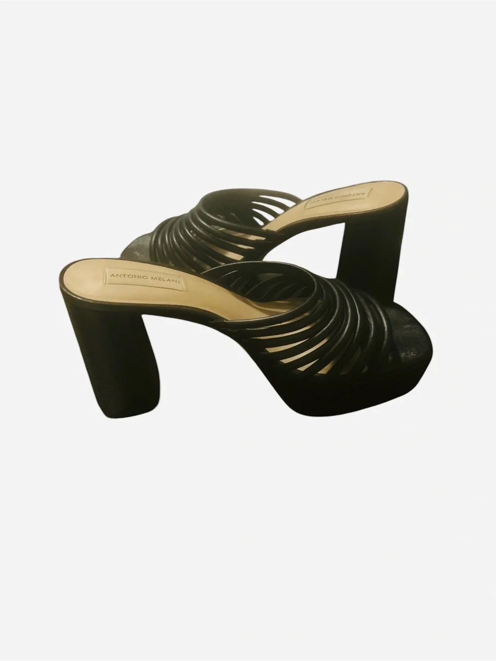 ANTONIO MELANI Bree Tubular Black Leather Multi-Strap Platform Block Heels